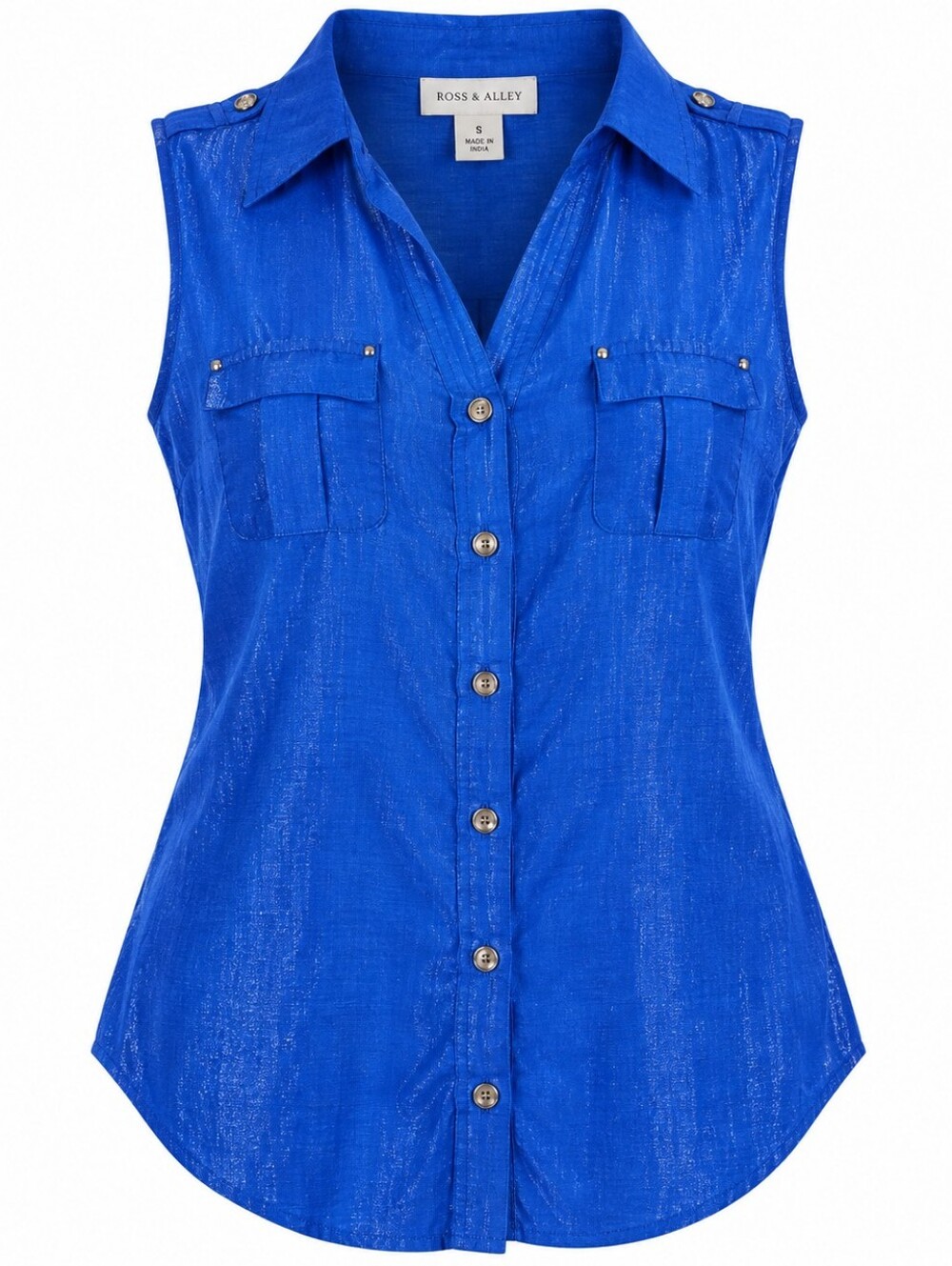 ROZ & ALI | Cobalt Blue‎ Metallic Sleeveless Utility Button Down Tank Top | S